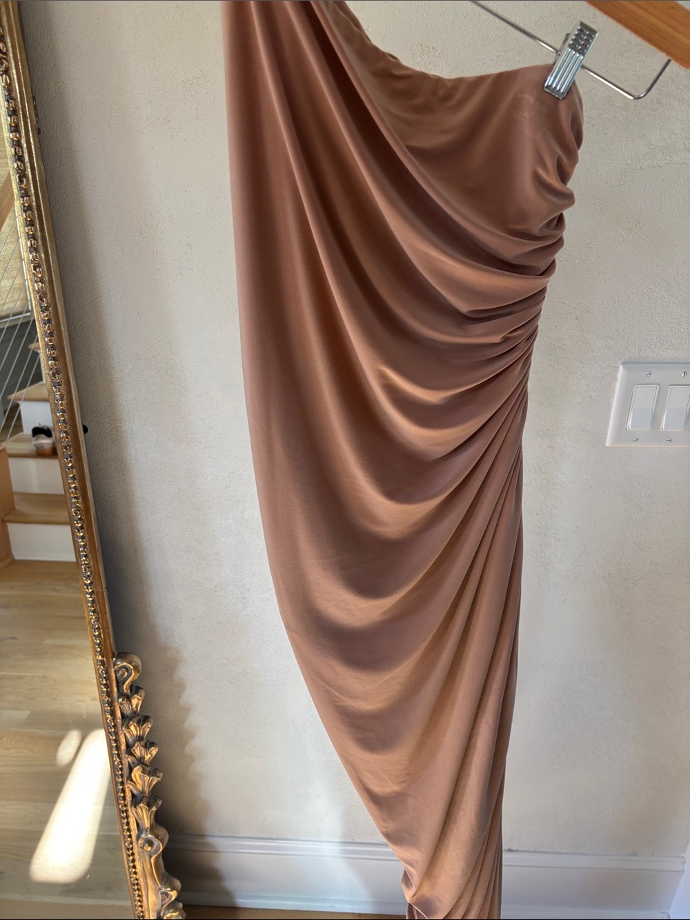 Norma Kamali One-Shoulder Draped Midi Dress in Warm Taupe